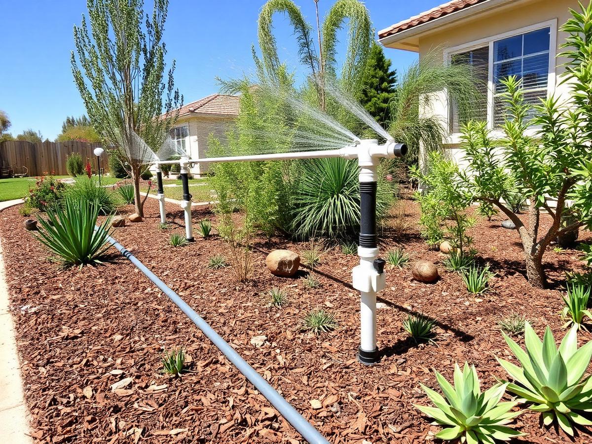 Drip irrigation and sprinkler system in a drought-tolerant garden