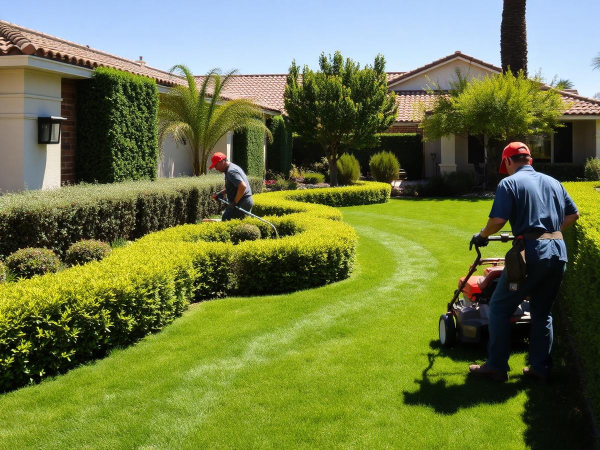 Landscape maintenance crew trimming hedges and mowing a lawn